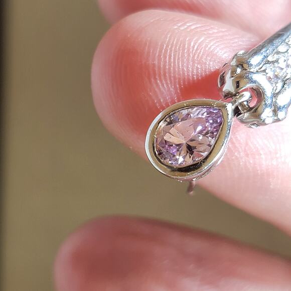 Sterling Silver Drop Earrings 1.5 Inch Pink Teardrop CZ Elegant Dangle - Picture 6 of 7